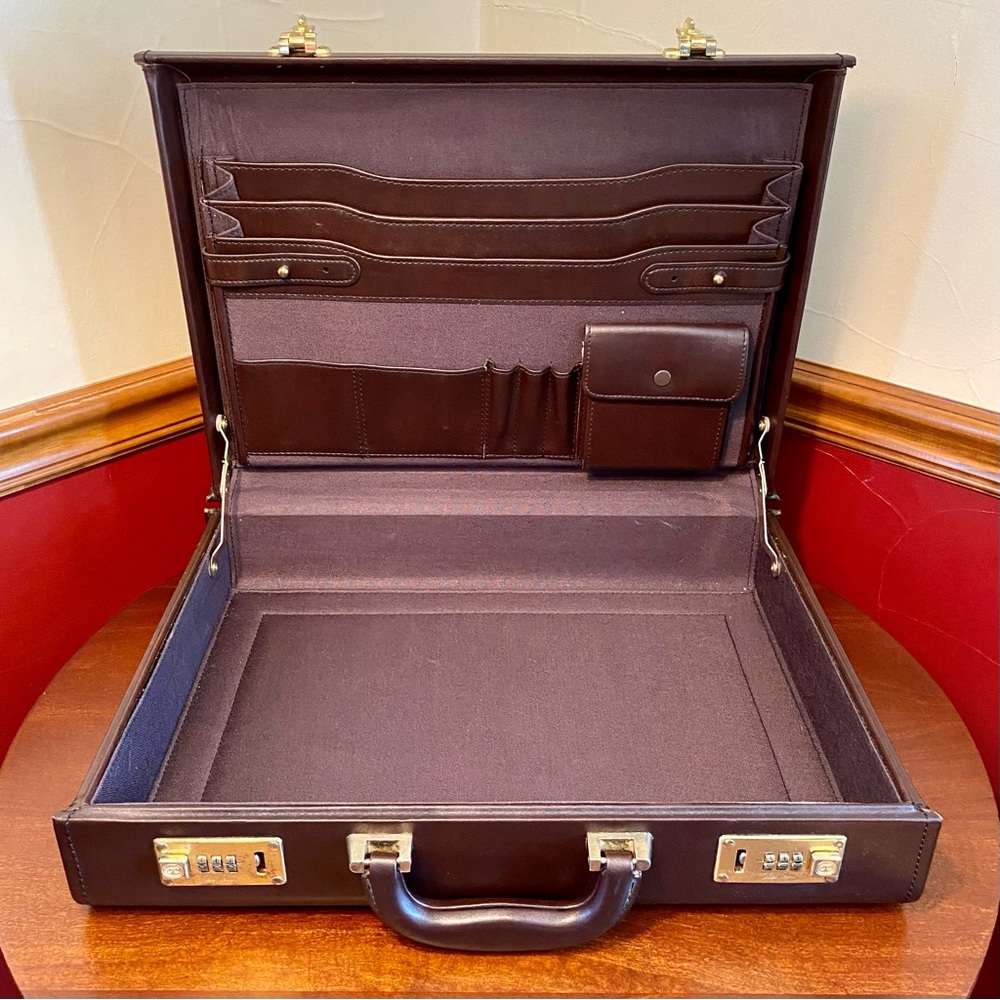 Vintage Oleg Cassini Brown Leather Combination Lock Briefcase- Brass Hardware